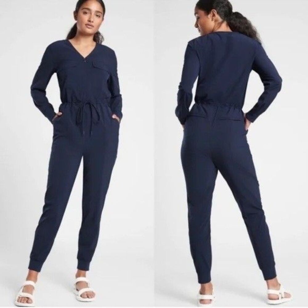 Athleta Zuma One Piece Jumpsuit Navy Blue Stretch Drawstring Waist Women Size S